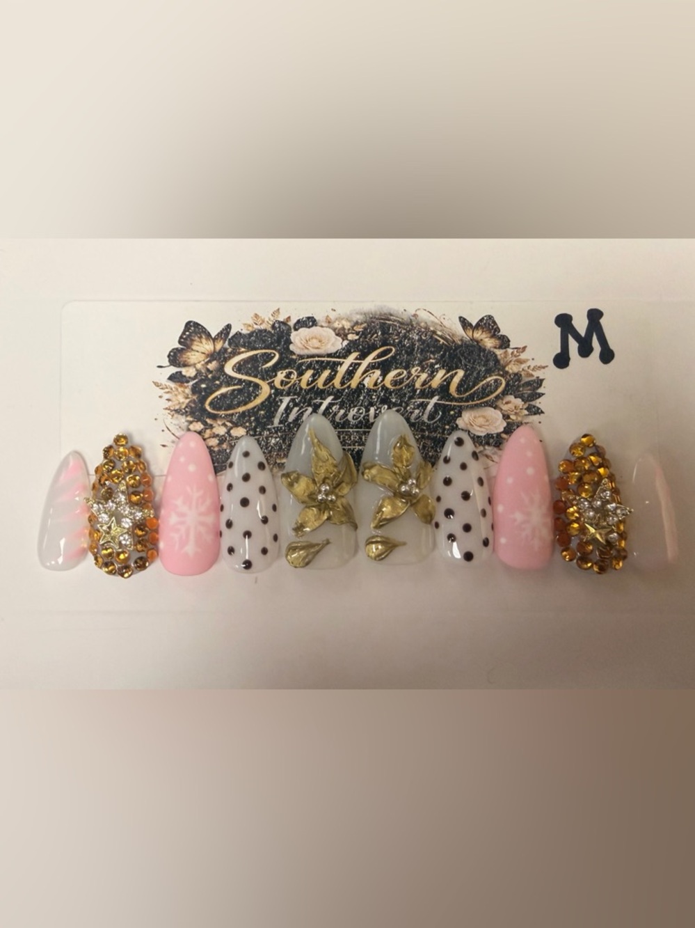 Handmade Gray & Pink Press-On Nails with Gold Floral Accents